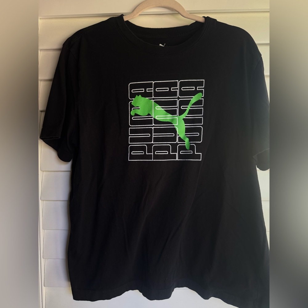 Puma Men's Tee with Green Logo on Black